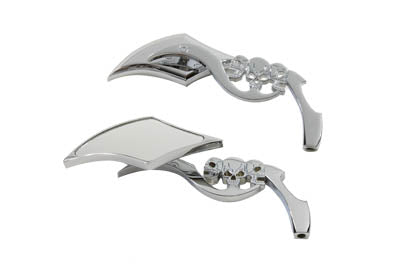 HARLEY Diamond Shaped Mirror Set with Billet Tri Skull Stems fits 1965-UP All, models for left and right side application