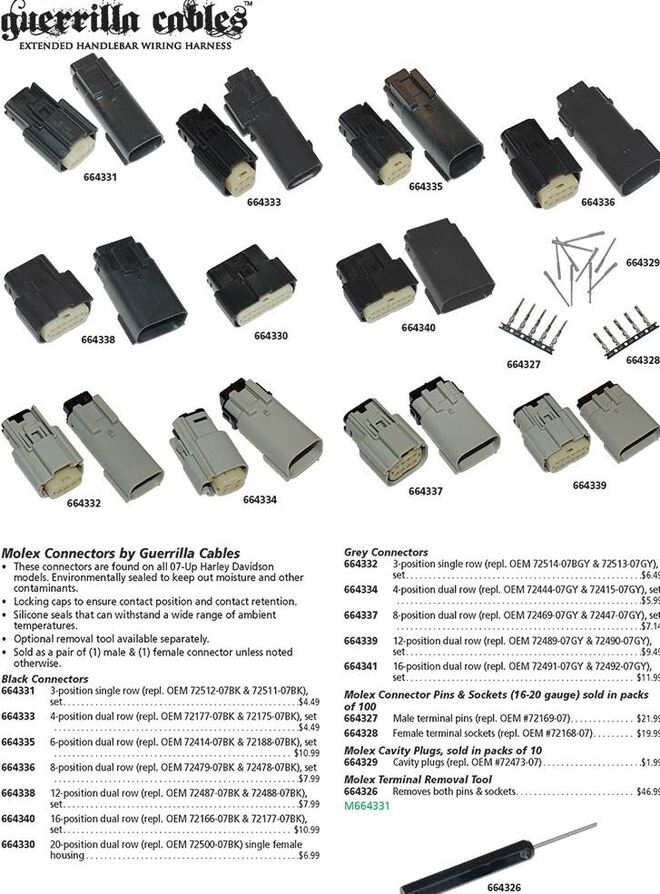 Custom Chrome HARLEY MOLEX SEALED MALE & FEMALE HOUSINGS 3-POSITION BLACK