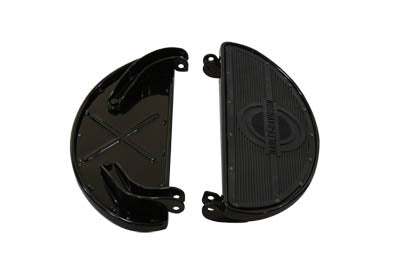 HARLEY Replica Driver Gloss Black Footboard Set with Logo fits 1940-1984 FL,   1940-1946 U,   1940-1952 W,   1941-1972 G,