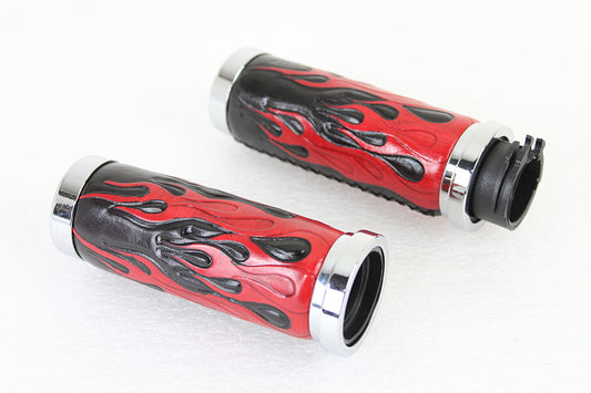 HARLEY Red Flame Style Grip Set with Chrome Ends fits 1996-2015 FXST,   1996-2015 FLST,   1996-2017 FXD,   1996-UP XL,   1996-2007 FLT,