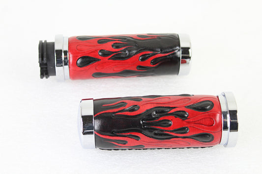 HARLEY Red Flame Style Grip Set with Chrome Ends fits 1996-2015 FXST,   1996-2015 FLST,   1996-2017 FXD,   1996-UP XL,   1996-2007 FLT,