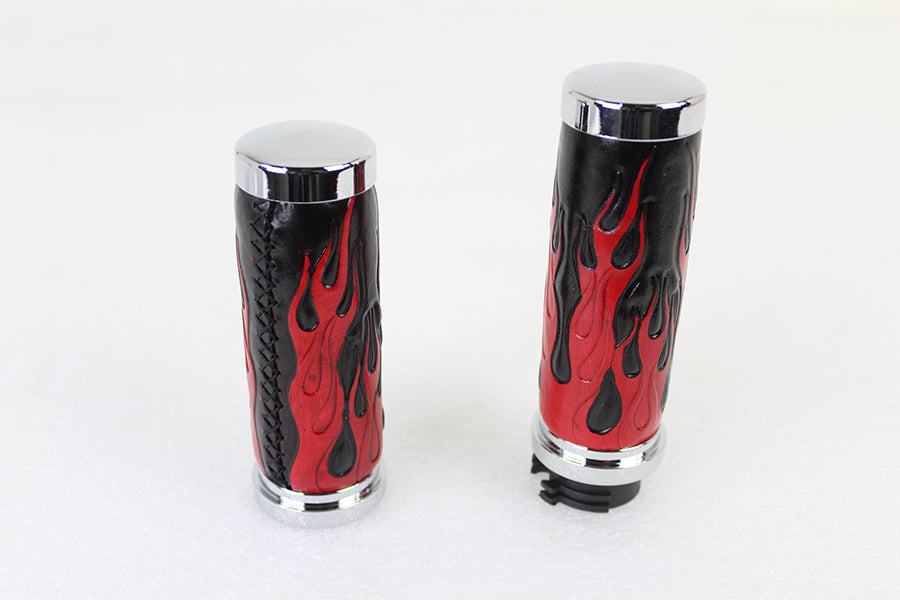 HARLEY Red Flame Style Grip Set with Chrome Ends fits 1996-2015 FXST,   1996-2015 FLST,   1996-2017 FXD,   1996-UP XL,   1996-2007 FLT,