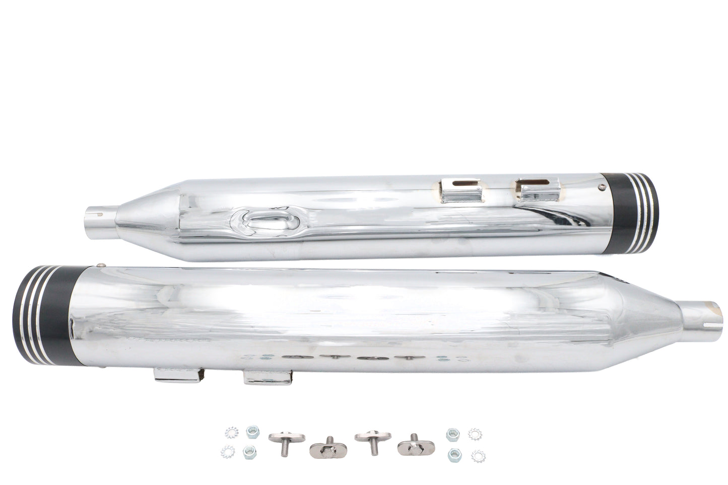HARLEY Wyatt Gatling Schalldämpferset Chrom mit schwarzen Saturn-Endkappen passend für 1995-2016 FLT,