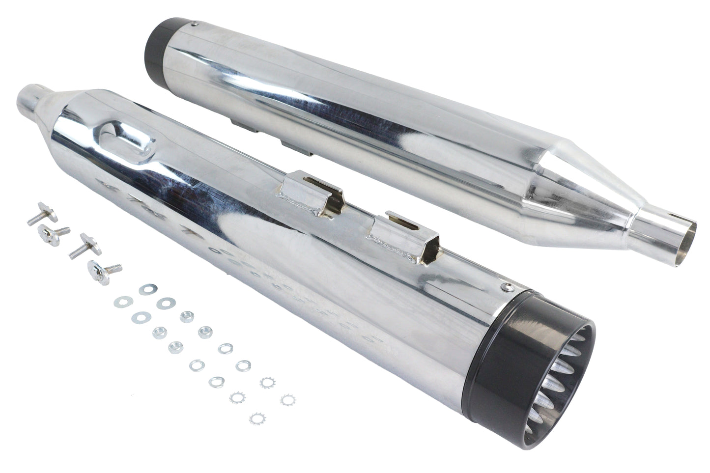 HARLEY Wyatt Gatling Schalldämpfer-Set Chrom mit schwarzen Konturspitzen, passend für 1995-2016 FLT,