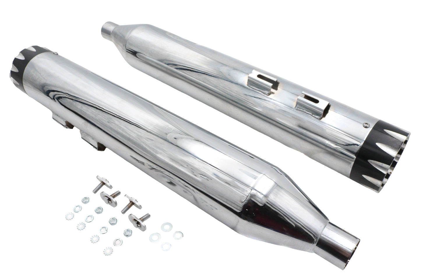 HARLEY Wyatt Gatling Schalldämpfersatz Chrom mit schwarzen Revolver-Endstücken passend für FLT Modelle von 1995-2016,