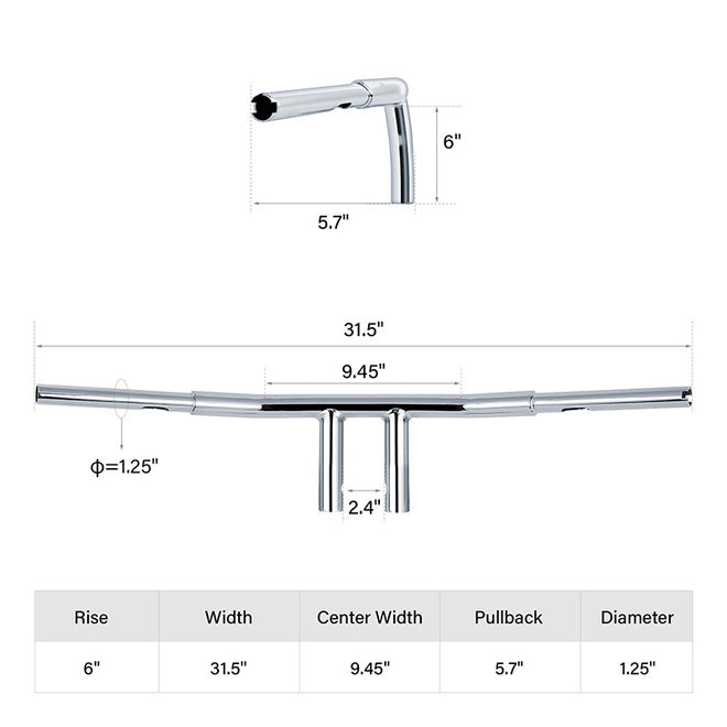 Custom Chrome HARLEY CHR 1-1/4" T-BAR 6" RISE;WIDTH 31.5";PULLBACK 6";BASE 4.75"