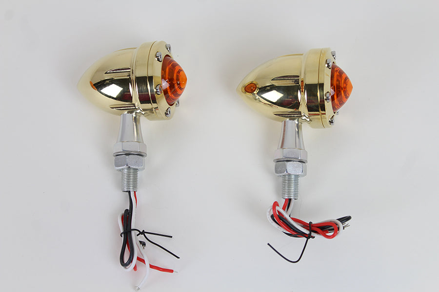 HARLEY LED Bullet Turn Signal Set Brass with Red Lens fits 0-  Custom,