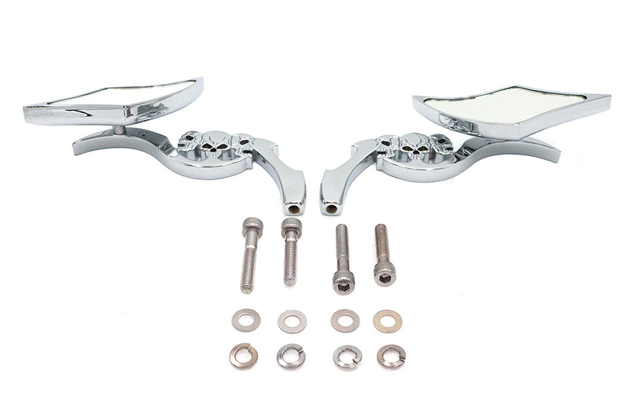 HARLEY Diamantförmiger Spiegel Set mit Billet Tri Skull Schäften Passend für alle Modelle von 1965 bis heute, für links und rechts