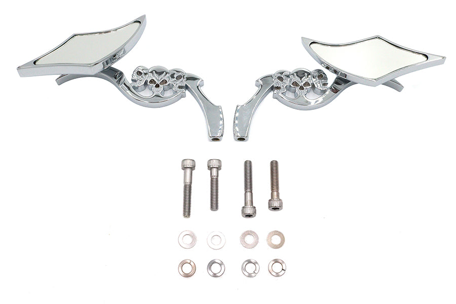 HARLEY Diamantförmiger Spiegel Set mit Billet Tri Skull Schäften Passend für alle Modelle von 1965 bis heute, für links und rechts