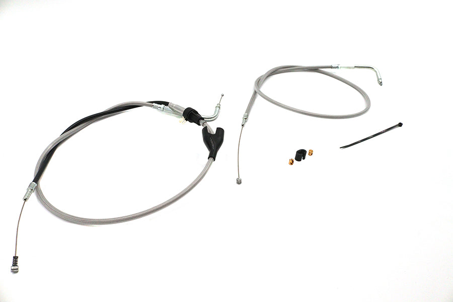 HARLEY 43 Zoll Gas- und Leerlaufzugset aus Edelstahl, transparent ummantelt, passend für 2002–2007 FLHRCI, mit Tempoma