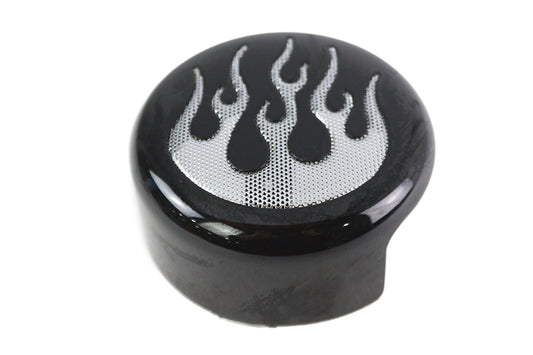 HARLEY Round Horn Cover Black with Chrome Flame fits 1991-UP XL,   1991-UP FLT,   1991-UP FLST,   1991-UP FXST,   1991-2017 FXD,   1991-1994 FXR,