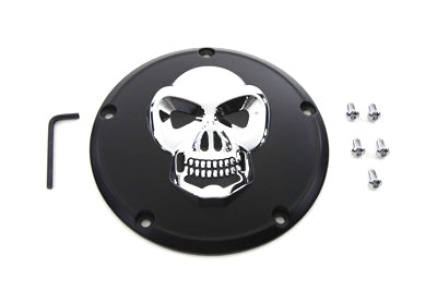 HARLEY Schwarzer Derby-Deckel mit Chrom-Totenkopf Passt für 1999–2018 FXST, 1999–2018 FLST, 1999–2015 FLT,