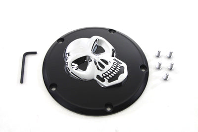 HARLEY Schwarzer Derby-Deckel mit Chrom-Totenkopf Passt für 1999–2018 FXST, 1999–2018 FLST, 1999–2015 FLT,