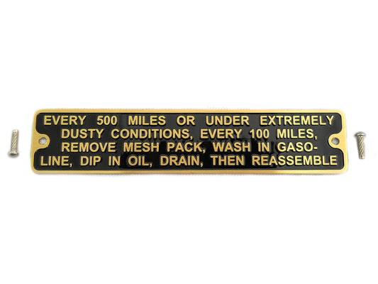 HARLEY Linkert Brass Air Cleaner Instruction Tag fits 1941-1965 FL,  1941-1948 UL,  1941-1952 WL,