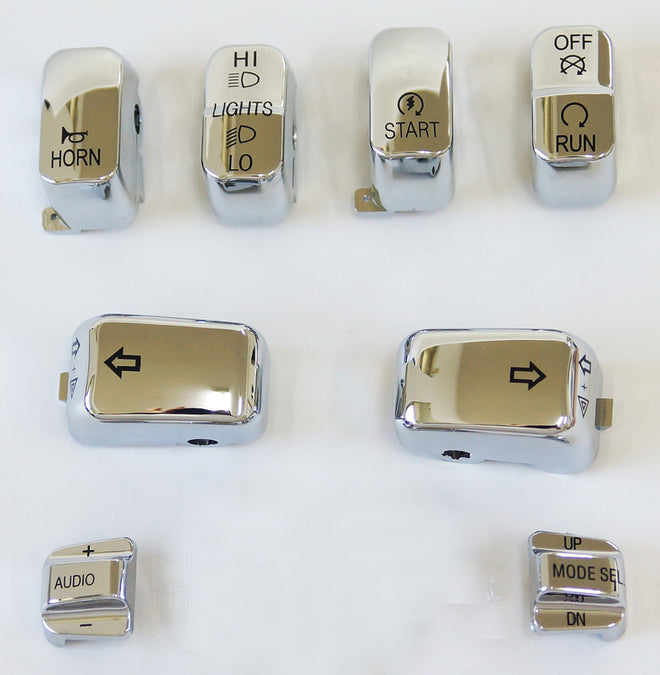 Custom Chrome HARLEY 8 PC SWITCH CAP SET W/AUDIO CHROME