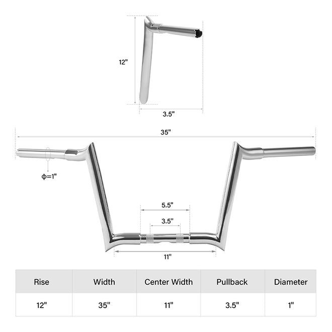 Custom Chrome HARLEY CHROME 1-1/4" 'DIABLO' BAR 12" RISE;WIDTH 35";PULLBACK 3.5"