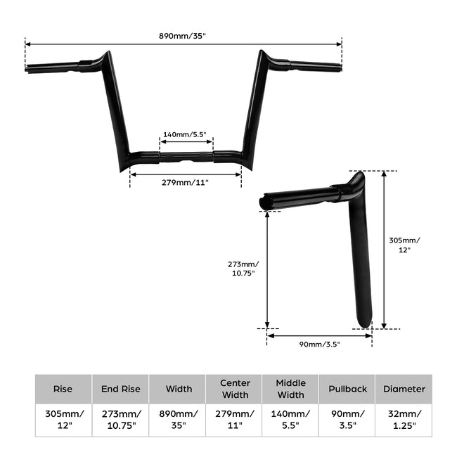 Custom Chrome HARLEY 12 INCH 1.25 DIA DIABLO BARS BLK