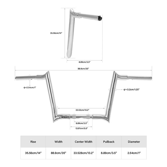 Custom Chrome HARLEY CHROME 1-1/4" 'DIABLO' BAR 14" RISE;WIDTH 35";PULLBACK 3.5"