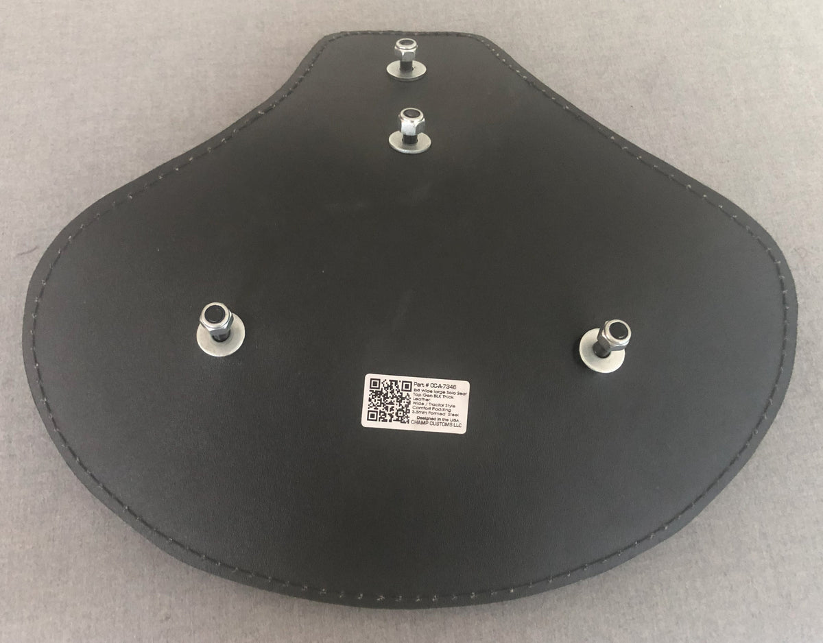 Ext Wide large Solo Seat
Top Genuine BLK Thick Leather 
Wide / Tractor Style 
Plain Extra Comfort 28mm Padding
3.5mm HeavyFormed Steel