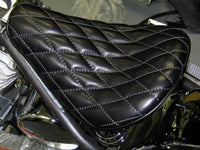 LEATHER"568" BLACK w/ WHITE DIAMOND STITCH HI-BACK SOLO SEAT HARLEY BOBBER CHOPPER